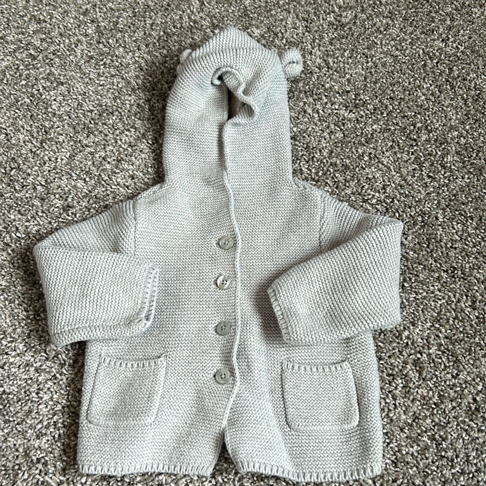 Baby Gap 12-18 months boys sweater button up light gray with hood and ear detail